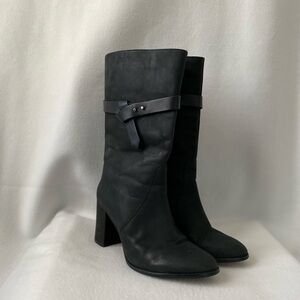 Eram Black Leather Euro Size 40 (US Size 9) Mid-Calf Block Heel Round Toe Boots